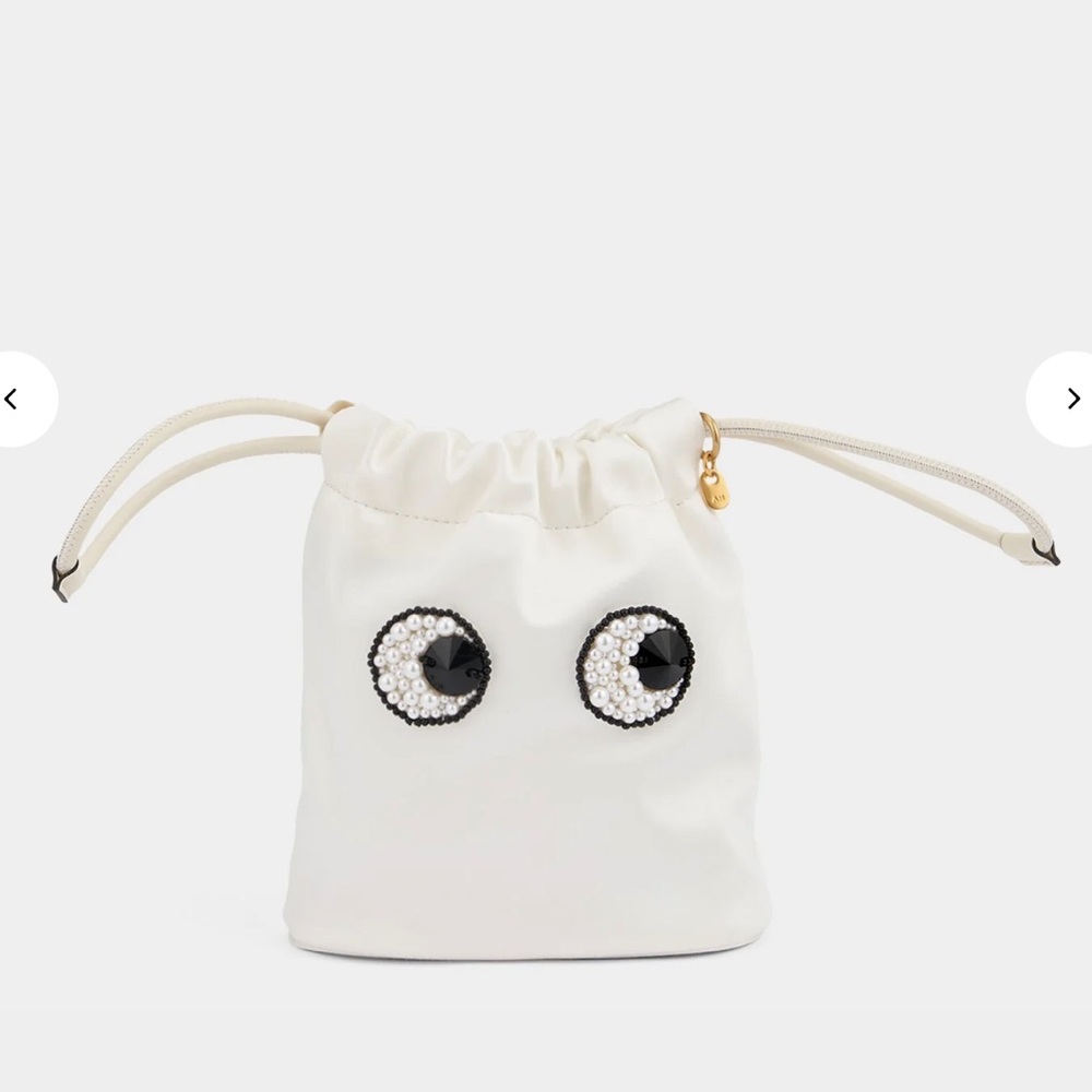 Anya Hindmarch Eyes Drawstring Pouch in White Satin